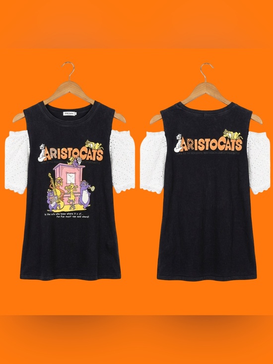 Disney Tops - Disney Aristocats Upcycled Shirt Cold Shoulder Eyelet Lace Puff Sleeve Blk Cat L
